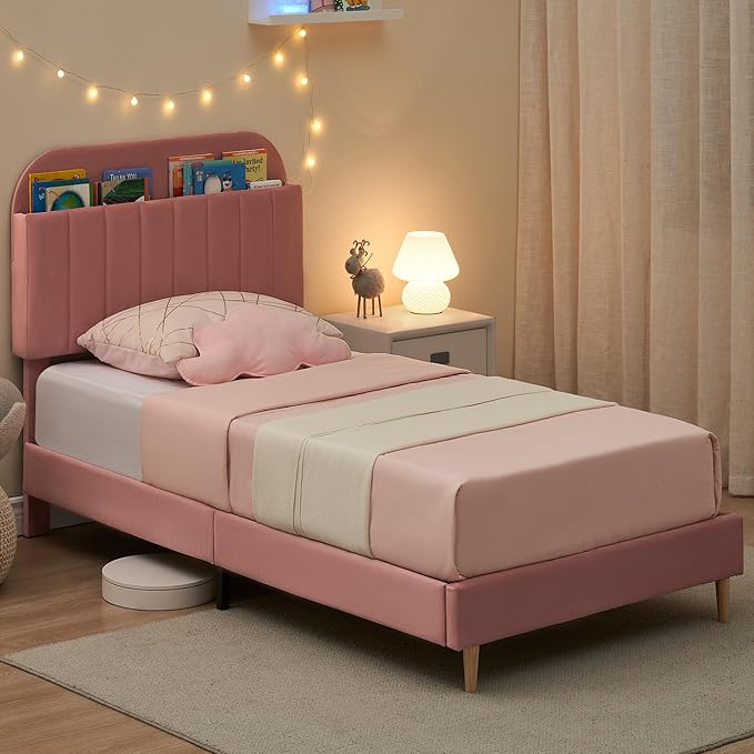 IDEALHOUSE Twin Bed Frames, Upholstered Platform Bed Frame with Bookcase Headboard, Velvet Platform Bed Mattress Foundation, Heavy Duty Steel Support Legs, Easy Assembly, Noise Free, Light Pink