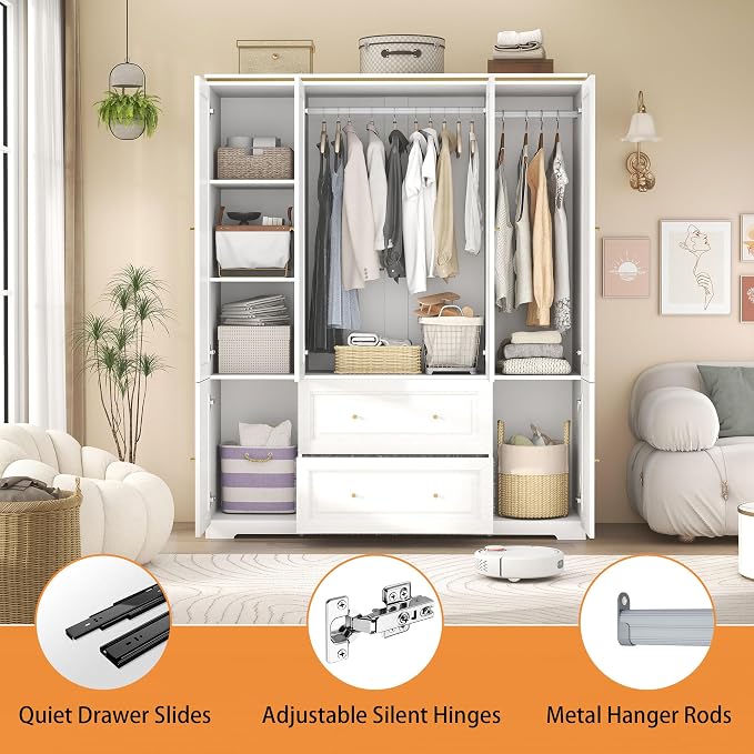 Armoire Wardrobe Closet with Drawers: Large White Wardrobe Closet with 4 Doors and 2 Drawers, Wooden Bedroom Armoires Storage Cabinet with Hanging Rod and Shelves (59")