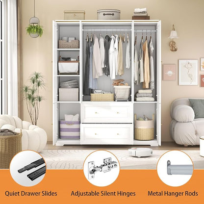 Armoire Wardrobe Closet with Drawers: Large White Wardrobe Closet with 4 Doors and 2 Drawers, Wooden Bedroom Armoires Storage Cabinet with Hanging Rod and Shelves (59")