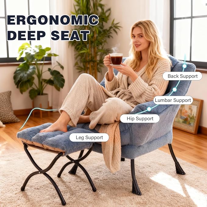 Lazy Chair with Ottoman, Modern Accent Chair Contemporary Lounge Leisure Sofa Chair with Armrests, Reading Chair and Folding Footstool Set for Living Room, Bedroom, Office, Velvet Black