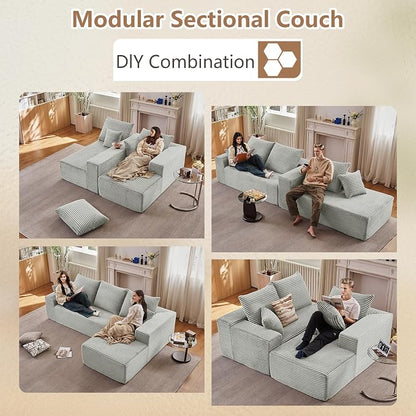 96" Modular Sectional Sofa, Modern Corduroy Cloud Couch with Deep Seat, Boneless Couch Upholstered 3-Seater L-Shaped Sofa for Living Room, No Assembly Required (Light Gray, Right-Facing Chaise)