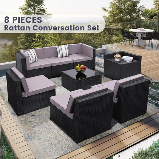 KROFEM 8-Piece Patio Furniture Set, Outdoor Wicker Rattan Sectional with Thick Cushions, Glass Top Table with Hidden Storage, Outdoor Conversation Set for Backyard, Porch, Patio, Black and Grey