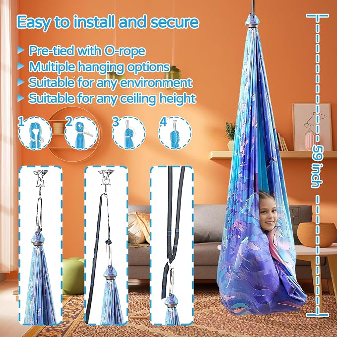 Sensory Swing for Kids and Adults Indoor & Outdoor Double Layer Therapy Cuddle Holds up to 300lbs Adjustable Hammock Chair with 360° Swivel Hanger Kit Effect for Aspergers Autism ADHD(Cerulean)