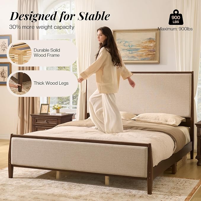 Jocisland 58" Tall Solid Wood Queen Bed Frame with Upholstered Headboard & Footboard, Wooden Platform Bedframe, No Box Spring Needed, Easy Assembly, Modern Farmhouse Style, Dark Walnut