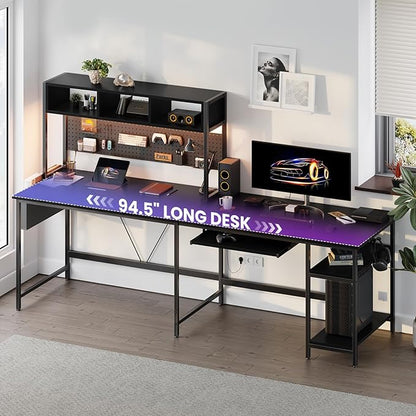 DUMOS 67" L Shaped Gaming Desk, Corner Desks for Compact Spaces with Keyboard Tray & Storage Shelf,Reversible Computer Desk with LED Lighting,Metal Frame PC Gaming Table for Home Office, Black