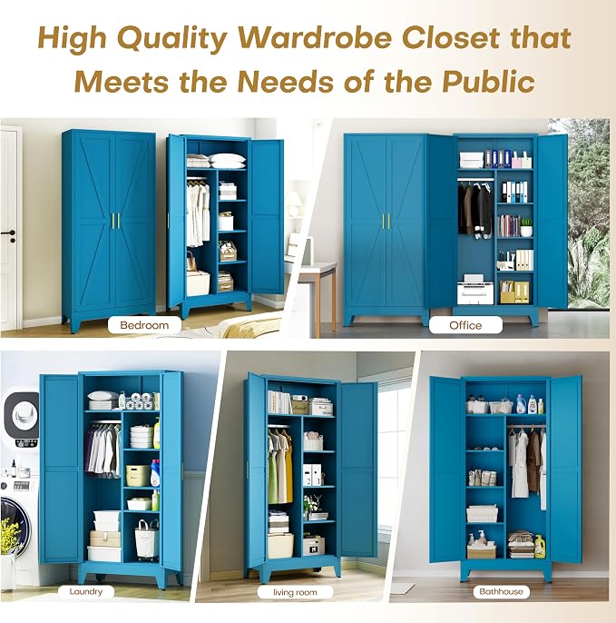 Metal Wardrobe Closet with Doors, 71" H Armoire Wardrobe Closet with 3 Adjustable Shelves and Hanging Rod, Steel Clothing Storage Cabinet for Bedroom, Home, Employee, Gym, Office, Blue