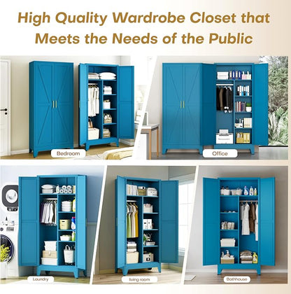 Metal Wardrobe Closet with Doors, 71" H Armoire Wardrobe Closet with 3 Adjustable Shelves and Hanging Rod, Steel Clothing Storage Cabinet for Bedroom, Home, Employee, Gym, Office, Blue