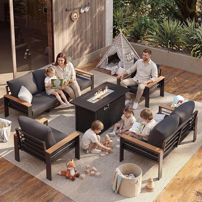 Aoxun Patio Furniture Set, Aluminum Patio Set with Fire Pit Table and 5" Thicken & Washable Cushion, Waterproof Outdoor Furniture, Outdoor Couch Sectional for Backyard (7 Seats/F, Dark Grey)