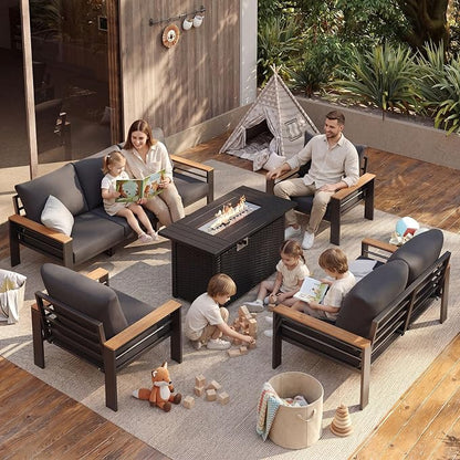 Aoxun Patio Furniture Set, Aluminum Patio Set with Fire Pit Table and 5" Thicken & Washable Cushion, Waterproof Outdoor Furniture, Outdoor Couch Sectional for Backyard (7 Seats/F, Dark Grey)