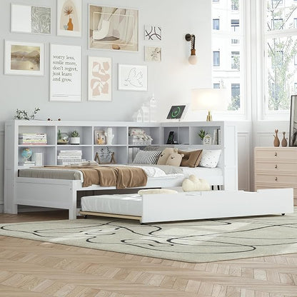 Bellemave Twin Corner Bed Frame with Trundle, Wood Twin Daybed with L-Shaped Bookcase，Daybed with Storage Cabinets, White