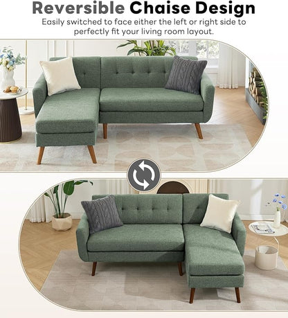 Kingfun L Shaped Couch, 80" W Mid-Century Modern Sofa, Sectional Couches, 3 Seater Sofas with Wide Chaise Lounge, Button Tufted Upholstered Sectional Sofa for Living Room, Bedroom, Green