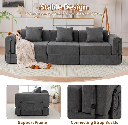 Cloud Modular Sectional Sofa, Foldable Floor Couch Bed, Convertible Sleeper Sofa Bed, Fold Out Boneless Couches for Living Room, Office, Guest Room, Apartment (3 Seater Couch, Grey)