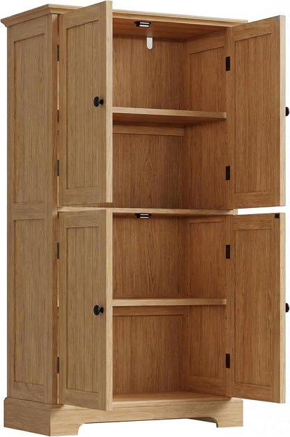 ChooChoo Bathroom Floor Cabinet, Modern Bathroom Storage Cabinet with 4 Doors and Adjustable Shelves, Freestanding Cupboard for Living Room, Natural