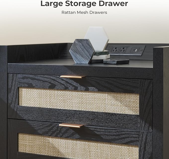 SICOTAS Rattan Nightstand Bedside Table - Larger Night Stand with Type-C Charging Station, 3 Drawers Storage - Boho Night Stands End Table for Bedroom - Black Oak