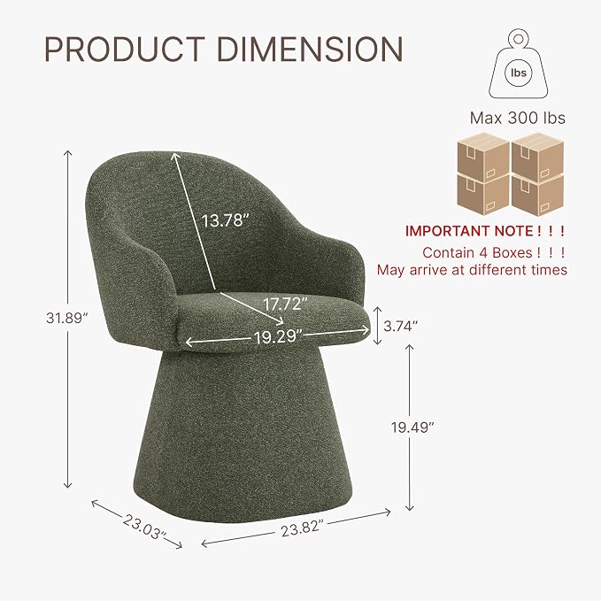 KISLOT Swivel Dining Chairs Set of 4, Upholstered Modern Barrel Dining Chairs with 360° Swivel Base, Chenille Velvet Fabric Accent Kitchen Chairs with Arms, Padded Dining Room Chairs, Green