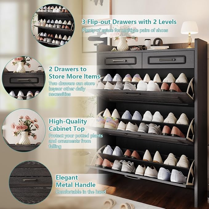 Shoe Cabinet with 3 Large Flip Drawers and 2 Storage Drawers, Narrow Shoe Organizer Cabinet Fits for Kinds of Shoes, Slim Shoe Storage Cabinet for Entryway, Hallway, Black