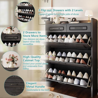 Shoe Cabinet with 3 Large Flip Drawers and 2 Storage Drawers, Narrow Shoe Organizer Cabinet Fits for Kinds of Shoes, Slim Shoe Storage Cabinet for Entryway, Hallway, Black