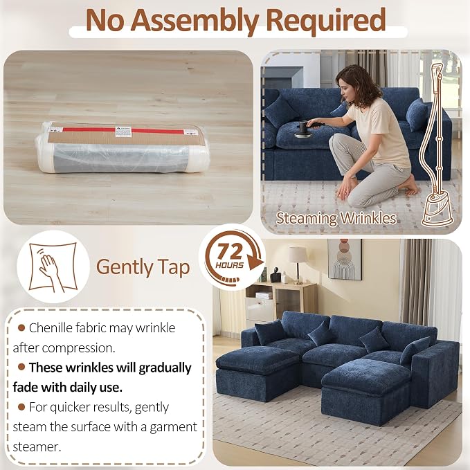 115'' Cloud Boneless Sectional Couch, Modular Sectional Sofa Deep Seat with 2 Ottomans, Oversized Upholstered Convertible Comfy 5 Seater Chenille Sofa U Shape Couches for Living Room, Navy