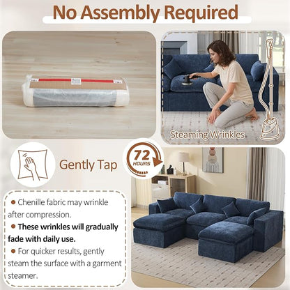 115'' Cloud Boneless Sectional Couch, Modular Sectional Sofa Deep Seat with 2 Ottomans, Oversized Upholstered Convertible Comfy 5 Seater Chenille Sofa U Shape Couches for Living Room, Navy