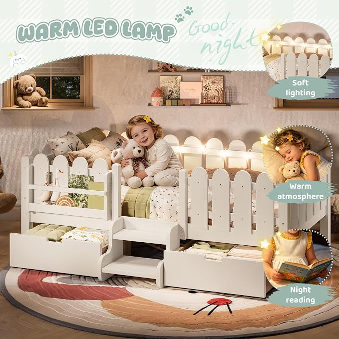 Bellemave Twin Kids Montessori Bed with Stairs, Bookshelf and LED Lights, Solid Wood Kids Bed Frame with Storage Drawers for Boys Girls, Low Profile,Beige