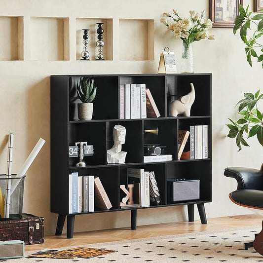 LEYAOYAO 10 Cube Bookshelf,3 Tier Modern Wide Bookcase with Legs,Mid-Century Wood Bookshelves Storage,Black Large Book Case,Freestanding Organizer Display Shelf for Bedroom,Living Room,Office