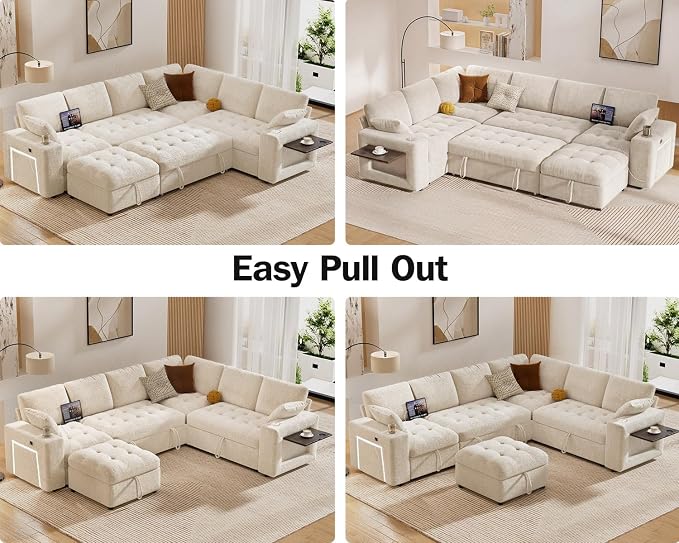 Vipbear 111" Modular Sectional Sleeper Sofa with Pull Out Bed, 7 Seat Chenille L Shaped Couch with Storage Ottoman|USB Ports|Cup Holders|Side Table|LED Light, Tool Free Assembly, Beige