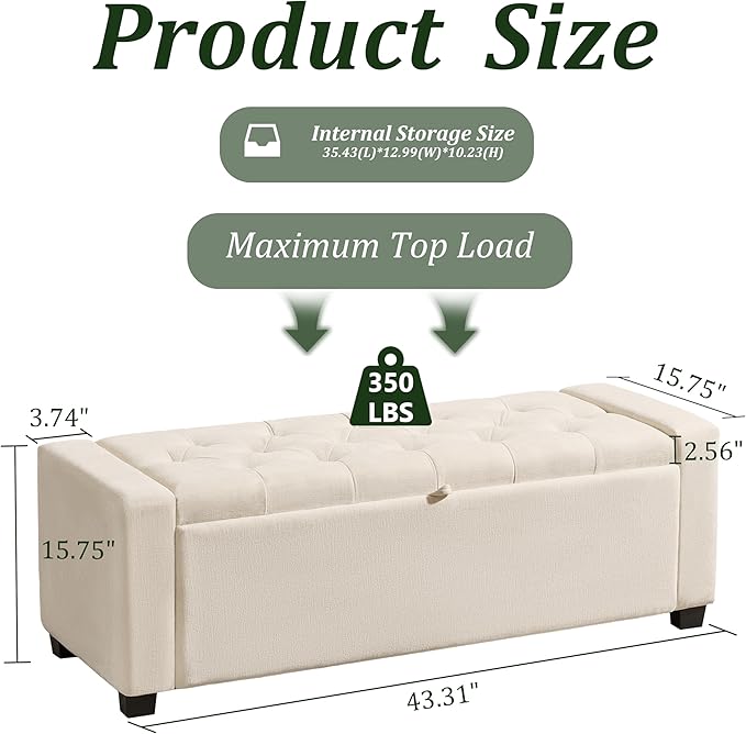 Royal Windsor Ottoman with Storage,Tufted Storage Bench with Safety Hinge,Holds up to 350 lb,Upholstered Bench with Seating for Bedroom, Living Room,Entryway,Linen Beige