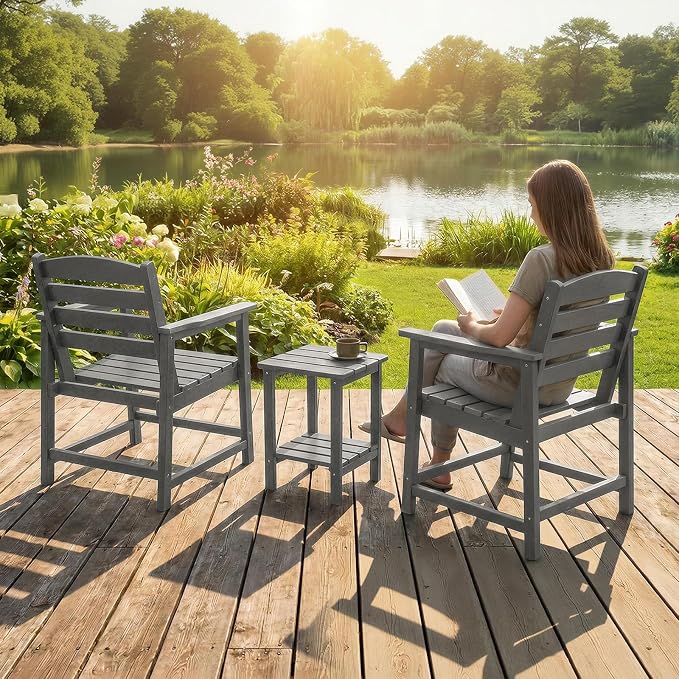 Furnimart 3-Piece Patio Bistro Set, HDPE Outdoor Chairs Set of 2 and Side Table, All-Weather Outdoor Furniture Set, Modern Conversation Sets with Coffee Table for Garden, Balcony, Porch, Grey