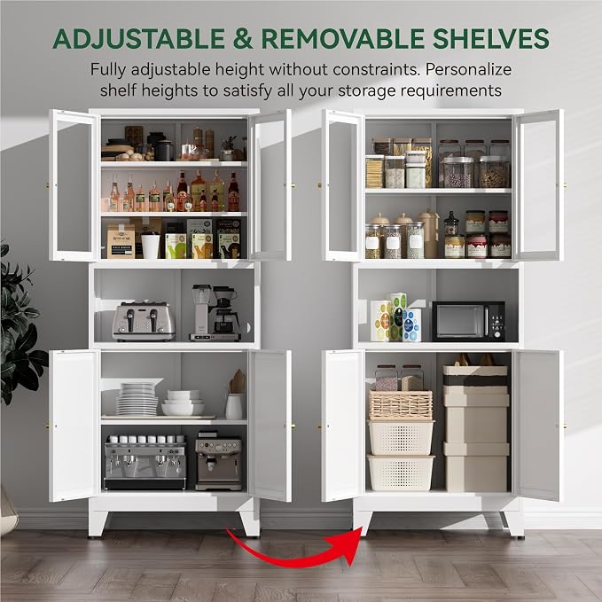 COFaR 69" Tall Modern Kitchen Pantry,Metal Storage Cabinet with Shelves ＆ Glass Doors for Display,Pantry Storage Cabinet,Freestanding Cupboard for Kitchen,Dining Room,Living Room,Bathroom,White