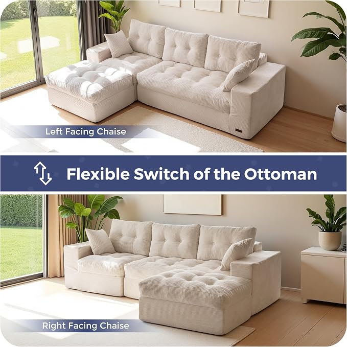 MAXYOYO 96" L Shaped Modular Sectional Sofa with Ottoman, Cloud Boneless Couch with Layered Cushion, Upholstered Sofa in a Box, Flexible Module Combination for Living Room, No Assembly, Beige