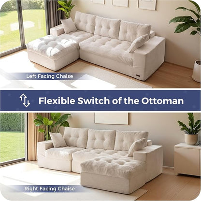 MAXYOYO 96" L Shaped Modular Sectional Sofa with Ottoman, Cloud Boneless Couch with Layered Cushion, Upholstered Sofa in a Box, Flexible Module Combination for Living Room, No Assembly, Beige