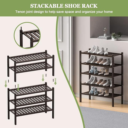 ROMGUAR CRAFT 2 Tier (Thick) Bamboo Shoe Rack for Closet Free Standing Wood Shoe Shelf for Entryway Small Space Stackable 27"x12"x14" (Black Brown)