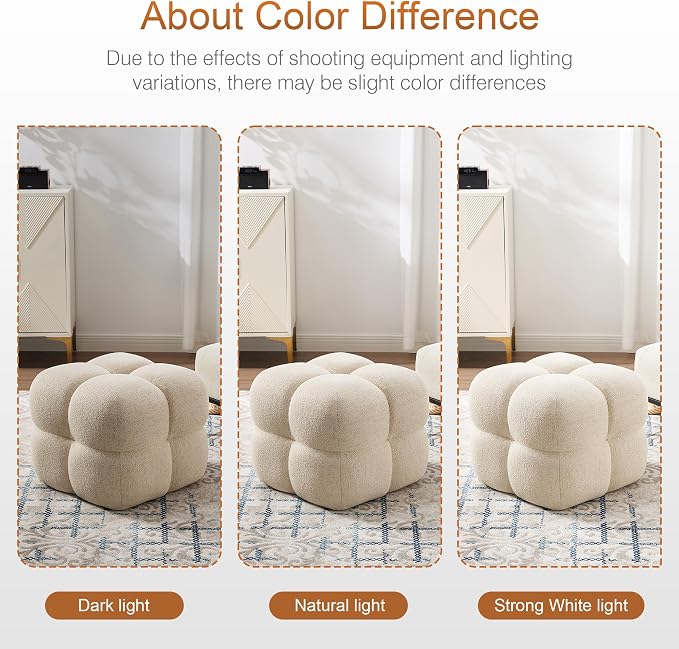 Zesthouse Square Pouf Ottomans Set of 2, Modern Backless Vanity Chair for Bedroom, Beige Linen Foot Rest for Couch, Upholstered Tufted Footstool, Poofy Fabric Ottoman Coffee Table for Living Room