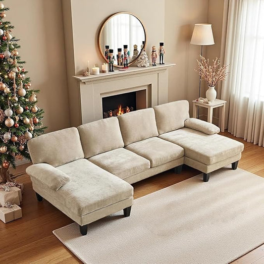 VINGLI 110" Sectional Couches for Living Room,U Shaped Couch with Double Chaise, 4-Seat Sofa Set with Chenille Fabric for Home Furniture,Light Khaki