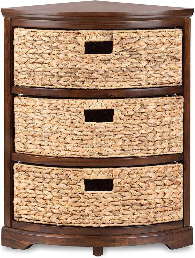 eHemco Hampton Meadows 3 Tier X-Side Corner Table Storage Cabinet, Walnut | 3 Wicker Baskets