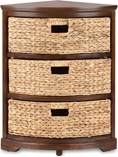 eHemco Hampton Meadows 3 Tier X-Side Corner Table Storage Cabinet, Walnut | 3 Wicker Baskets