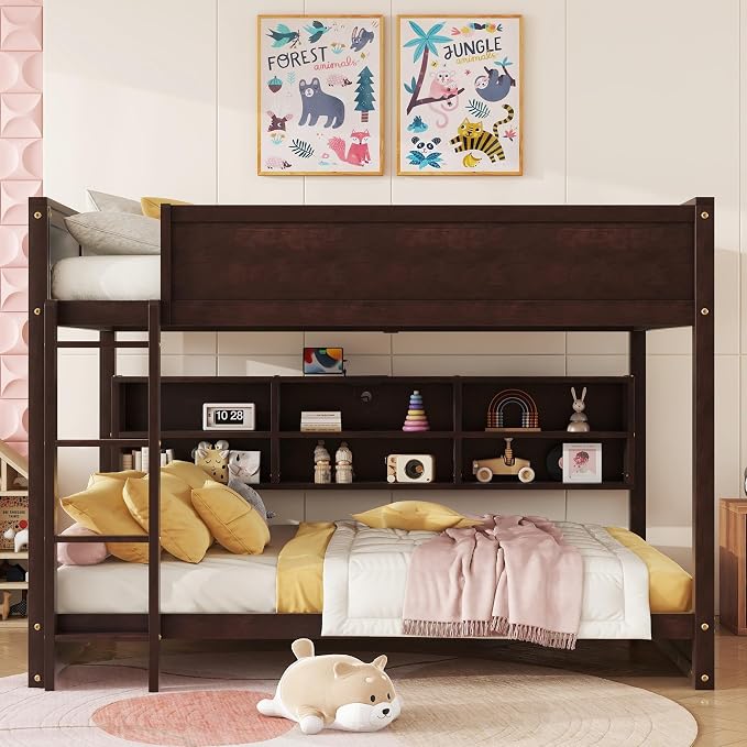 RUNNA Unique Queen Over Queen Bunk Bed with Storage&Charging Station,Brwon | Queen Over Queen Bunk Bed with Storage&Charging Station,Space-Saving Design Solid Wood Bunk Bed for Adults/Teens