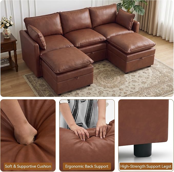 80" Brown Faux Leather Storage 3 Seater Sofa with 2 Ottomans, Comfy Couch | Convertible Modular Sectional Sofa, U Shaped Oversized Couch, Upholstered Large Cloud Couch For Living Room, Apartment.
