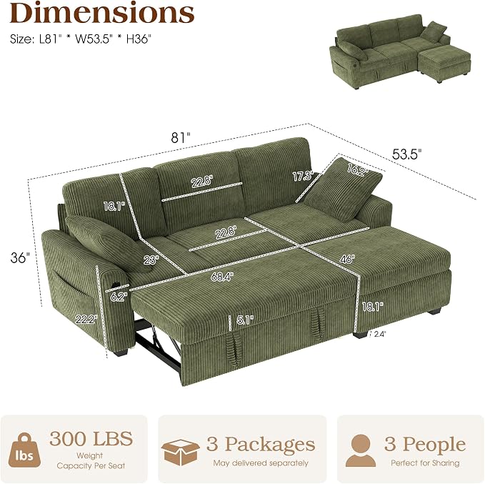 Ihanherry 81-inch Corduroy Modular Sectional Sofa Bed with Storage Ottoman & USB Port, Reversible 3-Seater L-Shaped Sleeper Sofa, Left or Right Fasing Chaise for Living Room（Green）