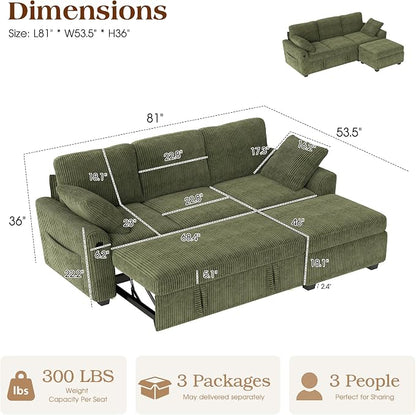 Ihanherry 81-inch Corduroy Modular Sectional Sofa Bed with Storage Ottoman & USB Port, Reversible 3-Seater L-Shaped Sleeper Sofa, Left or Right Fasing Chaise for Living Room（Green）
