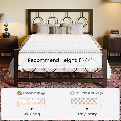 SHA CERLIN Full Size Metal Bed Frame with Vintage Circular Design Headboard and Footboard,No Box Spring Required,Easy Assembly,Noise-Free,Brown