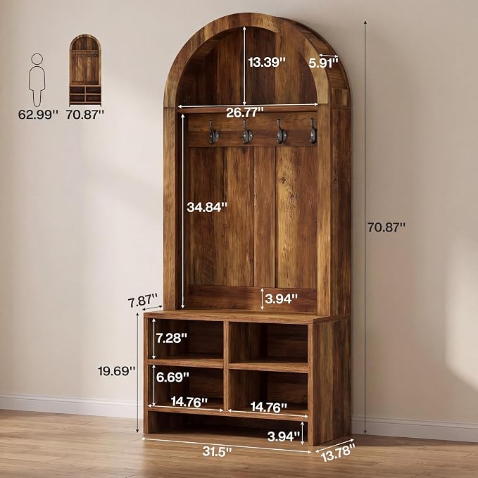Tribesigns 70.8" Arched Coat Rack, 4-in-1 Hall Tree with Bench and Shoe Storage, Freestanding Coat Tree Rack with 4 Hooks & Adjustable Cubbies, for Mudroom, Entryway, Bedroom, Rustic Brown