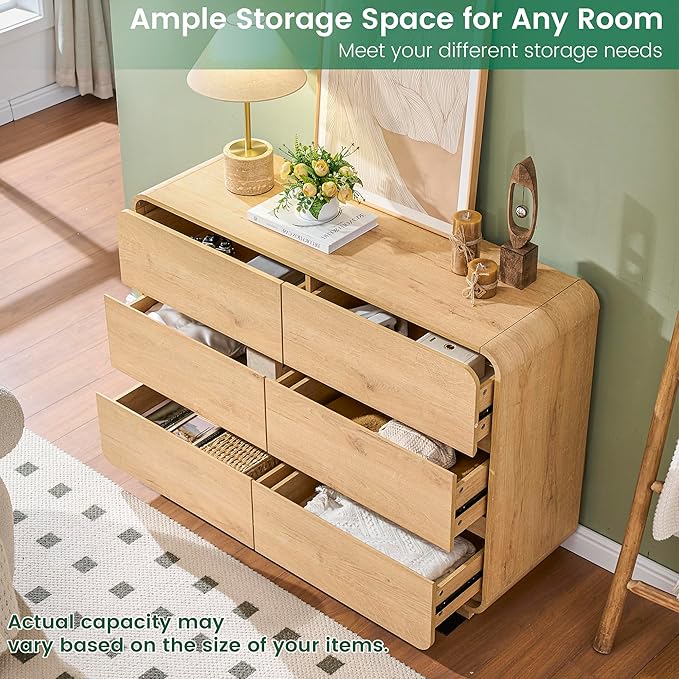Standifurno 47’’ Wide Dresser for Bedroom, Double Dresser with 6 Drawers, Storage Drawer of handleless, Chest of Drawers for Closet & Living Room (Natural)