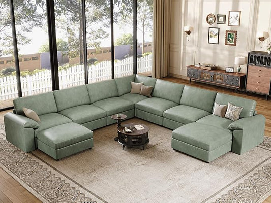 EASE MOOSE Faux Leather Sectional Couch with Ottoman, Oversized Modular Sofa, Vintage Comfy Modular Couch, Scratch Resistant Material Sofas, U Shaped Couch for Living Room, Green