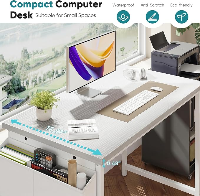 OLIXIS Computer Desk, 44 Inch Home Office Desks for Small Spaces, Writing Craft Study Gaming Table for Bedroom, Modern Computer Workstation with Storage Bag, All White