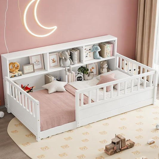 Bellemave Kids Montessori Floor Bed Twin Size,Floor Bed Frame with Bookcase and Fence for Kids Boys Girls,White
