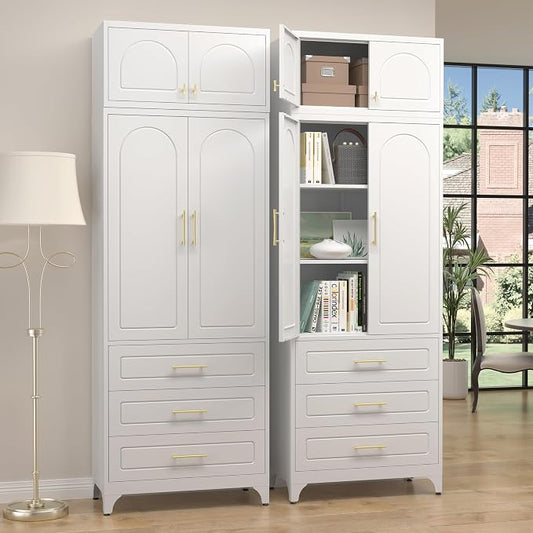 SteeLoong Kitchen Pantry Cabinet，90" Storage Cabinets with Doors and Shelves,Metal Pantry Cabinet with 3 Drawers,White Kitchen Cupboard for Livingroom,Pantry, Bathroom