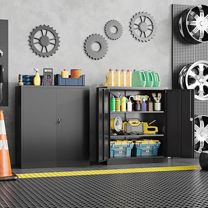 Metal Storage Cabinet, Wide & Deep Storage Cabinet with 2 Doors and Adjustable Shelves, Lockable Tool Cabinet for Garage,Home Office and School (Black)