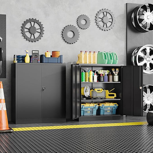 Metal Storage Cabinet, Wide & Deep Storage Cabinet with 2 Doors and Adjustable Shelves, Lockable Tool Cabinet for Garage,Home Office and School (Black)