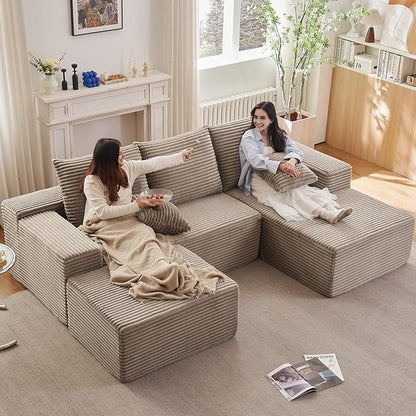 107" Comfy U-Shaped Sectional Modern Boneless Corduroy Couch with Chaise - No Assembly Required! Deep-Seat, Upholstered Modular Cloud Sofa for Living Room, Plush Corduroy Fabric(Camel)